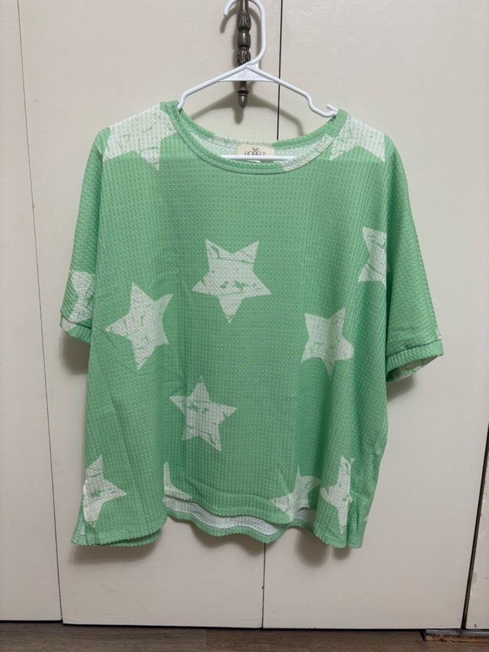 Hopely Green Star Print Waffle Knit Top Woman Small NWT